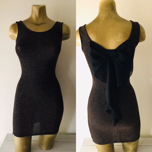 JANUARY 7 Shimmery BLACK GOLD Bodycon MINI DRESS With BOW Detail Back S - Picture 6 of 11